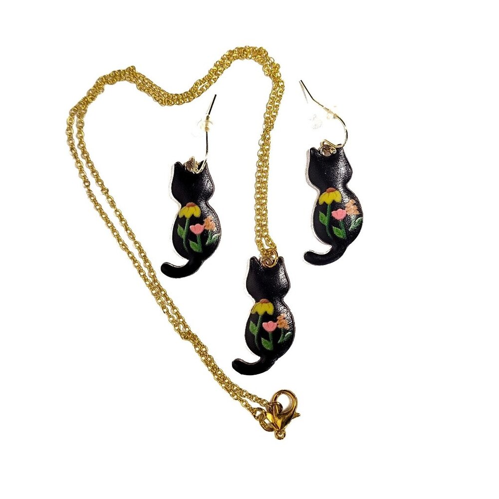 Flower Painted Enamel Kitty Cat Back Necklace & Earrings Set NWT - Picture 5 of 8